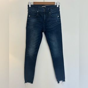 EXPRESS Mid Rise Dark Wash Raw Hem Skinny Jeans